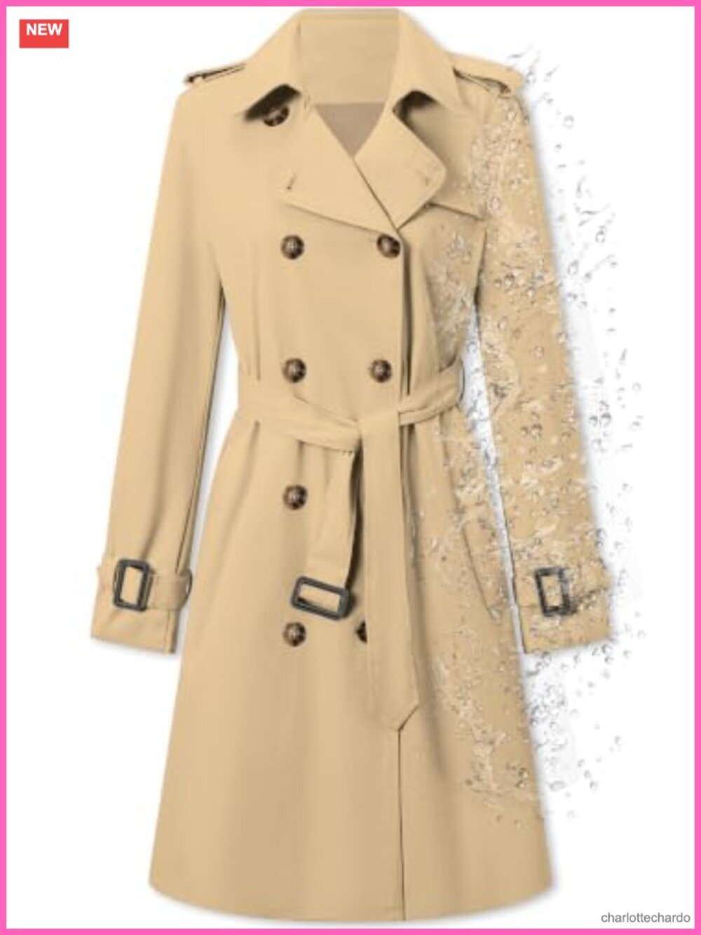 Women's Double Breasted Water-Repellent Belted Trench Coat